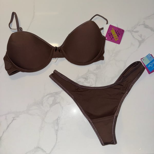 Innocent Lingerie Two-Piece Brown Bra and Thong Set 34B and Small NWT