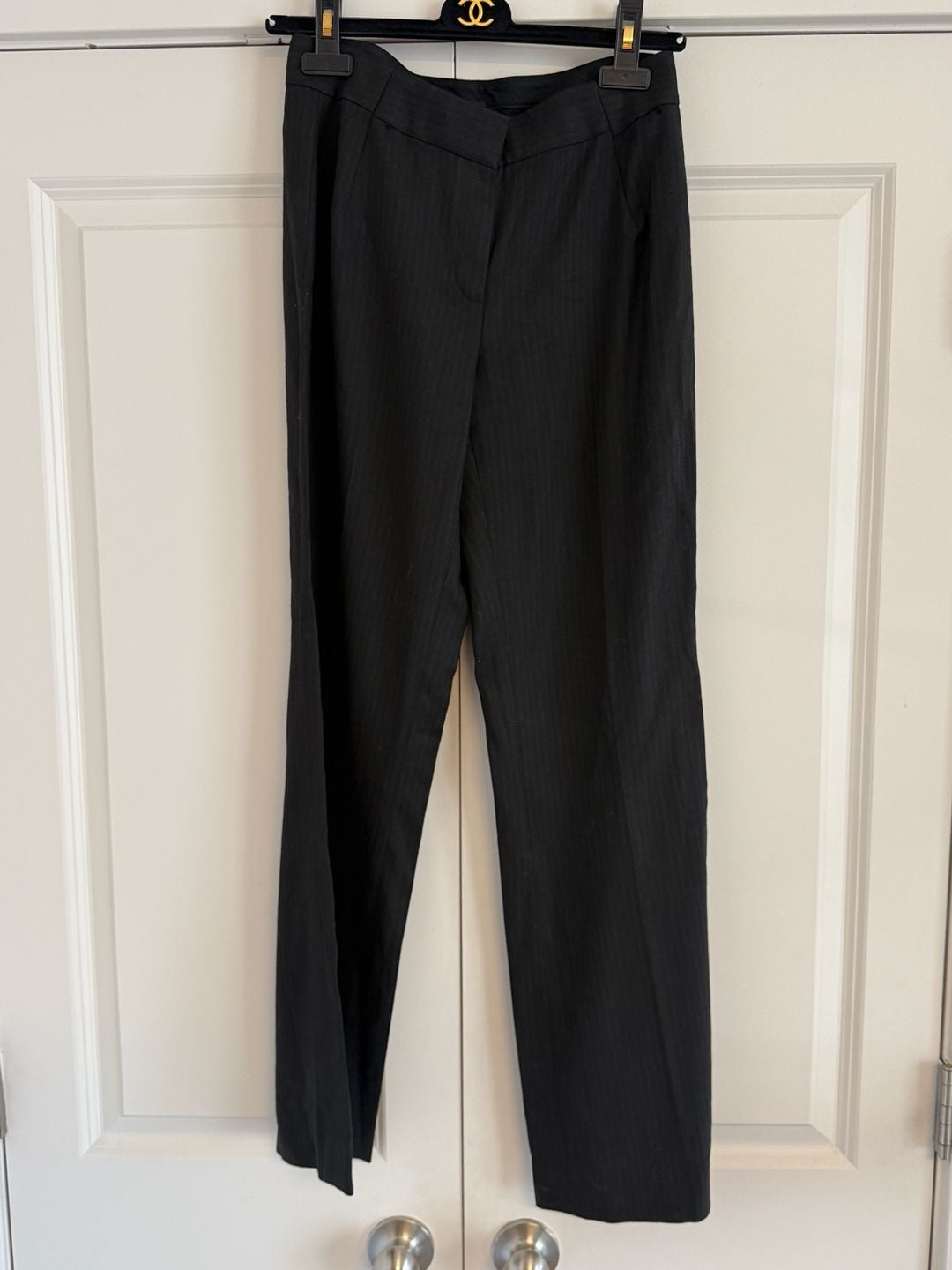 Elie Tahari Women's Black Herringbone Wool Blend Straight Leg Tailored Trousers 2
