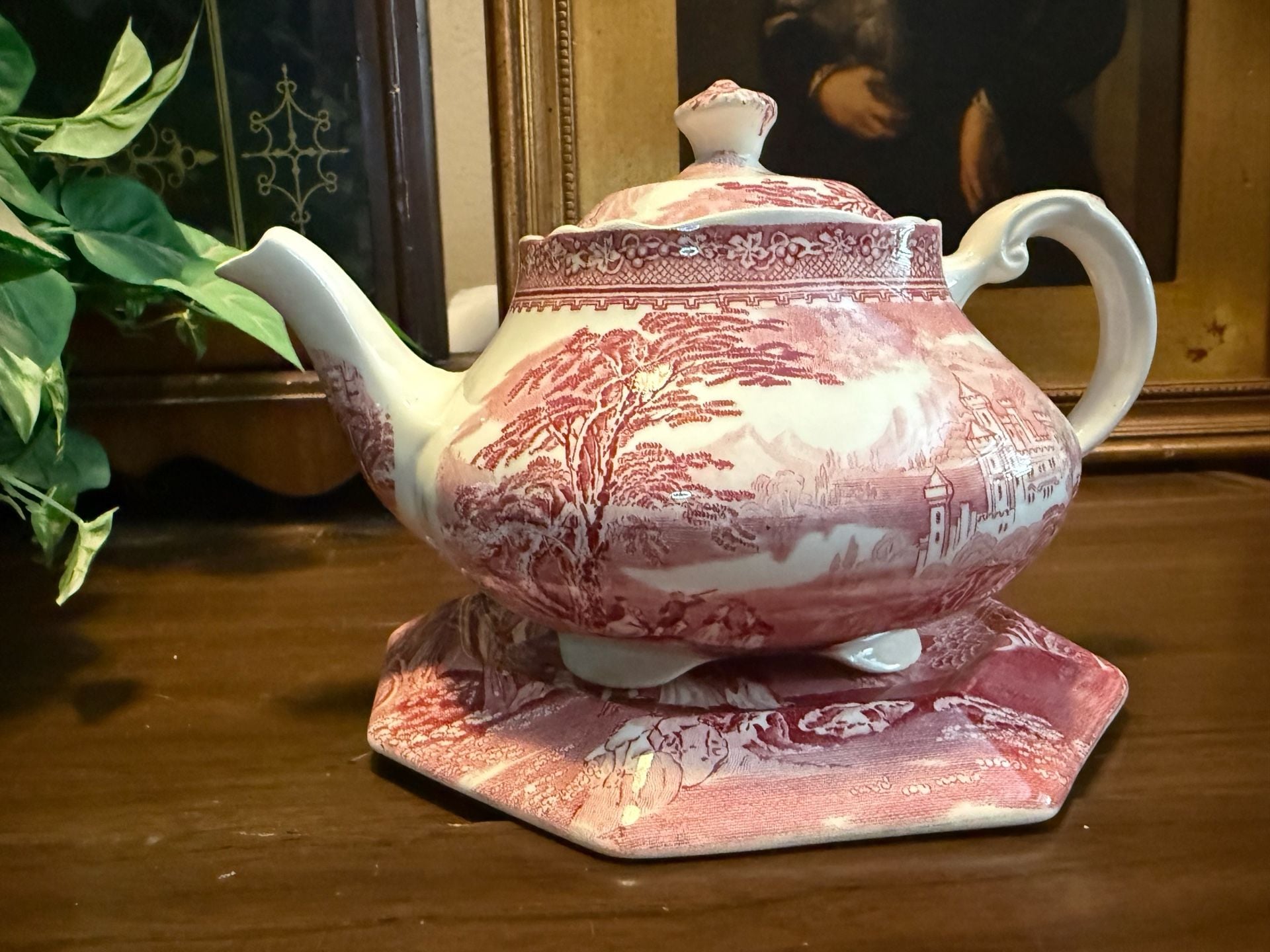 Royal Staffordshire Pottery Jenny Lind 1795 Red Transferware Teapot and Trivet Stand 1