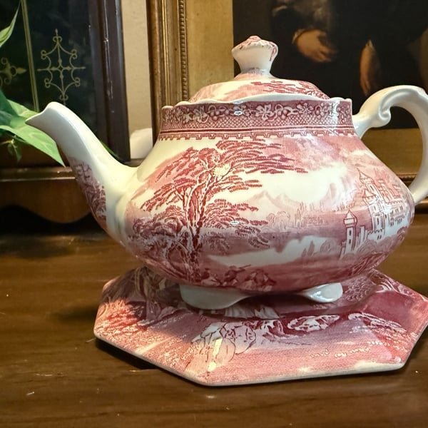 Royal Staffordshire Pottery Jenny Lind 1795 Red Transferware Teapot and Trivet Stand