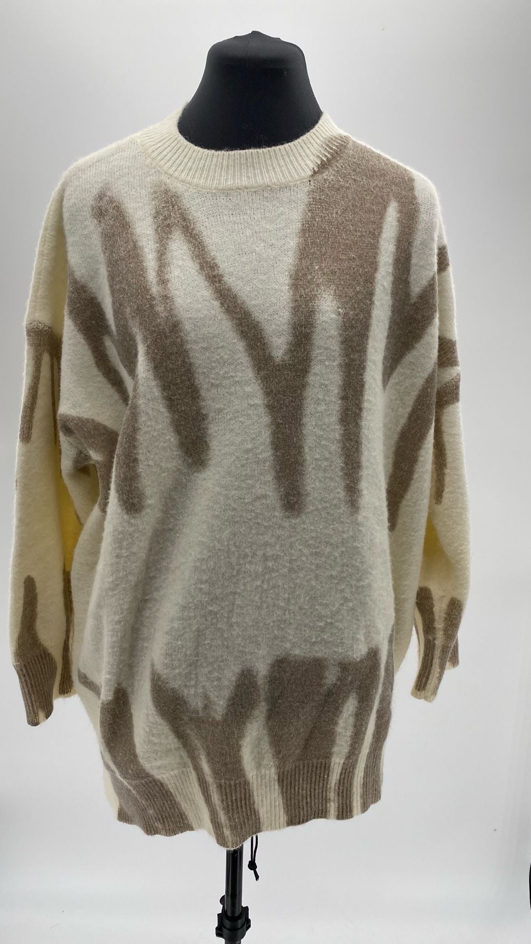 Scribble Print Drop Shoulder Fuzzy Knit Sweater in Ivory and Mocha 2