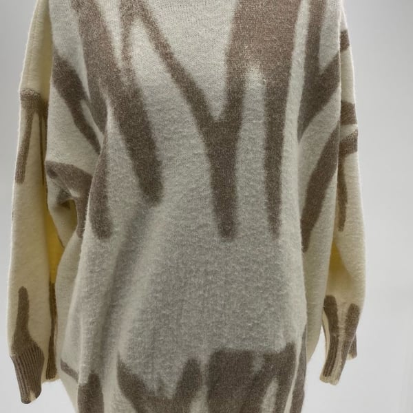 Scribble Print Drop Shoulder Fuzzy Knit Sweater in Ivory and Mocha