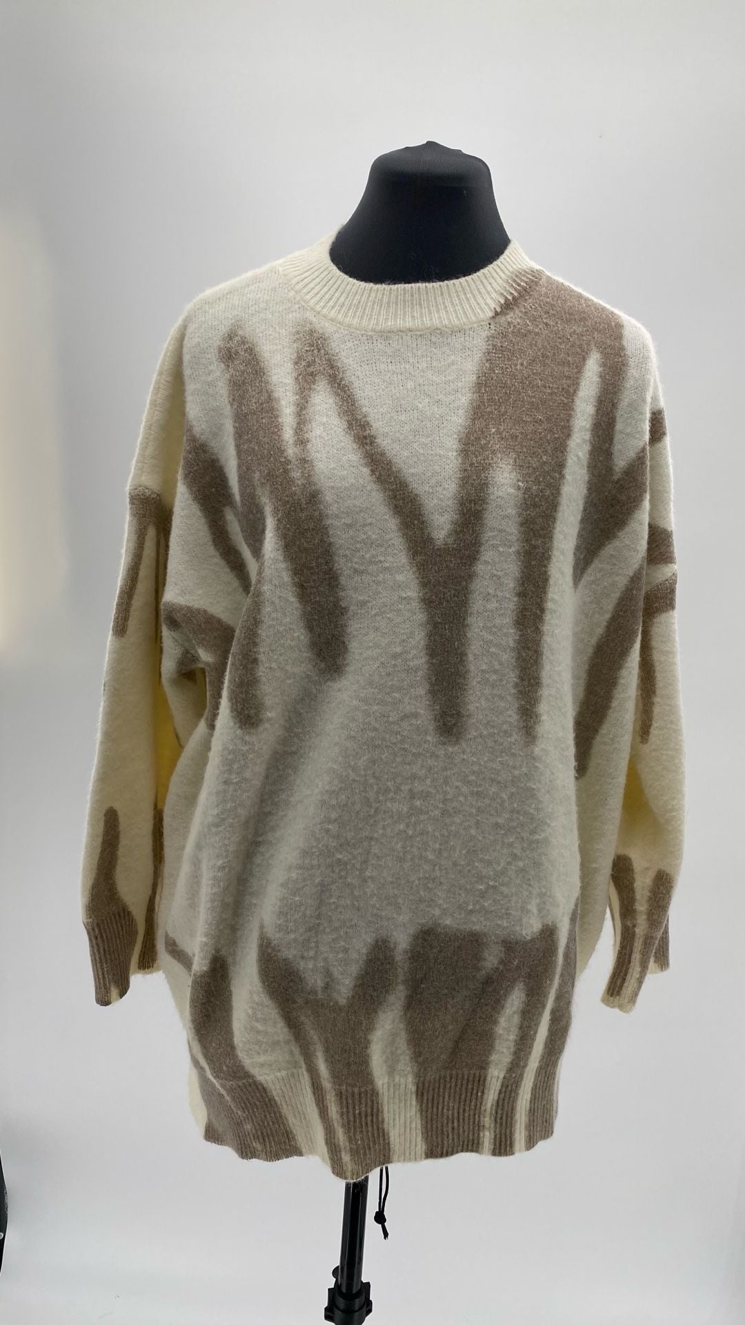 Scribble Print Drop Shoulder Fuzzy Knit Sweater in Ivory and Mocha 3