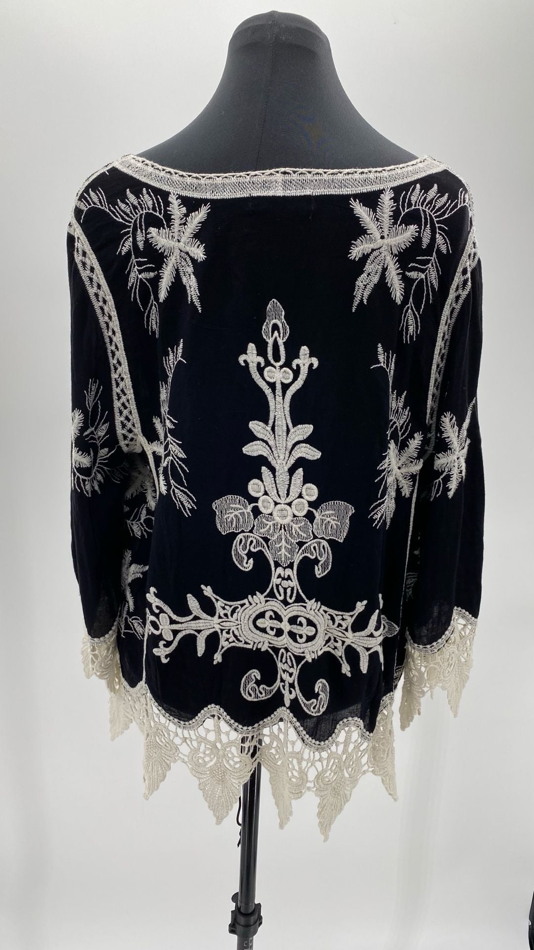 Beulah Style Black and Ivory Embroidered Boho Top with Crochet Hem 2