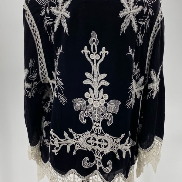 Beulah Style Black and Ivory Embroidered Boho Top with Crochet Hem