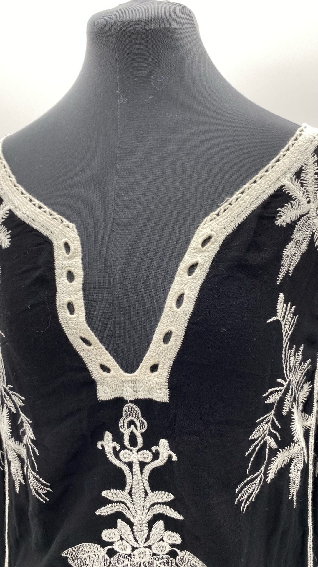 Beulah Style Black and Ivory Embroidered Boho Top with Crochet Hem 4
