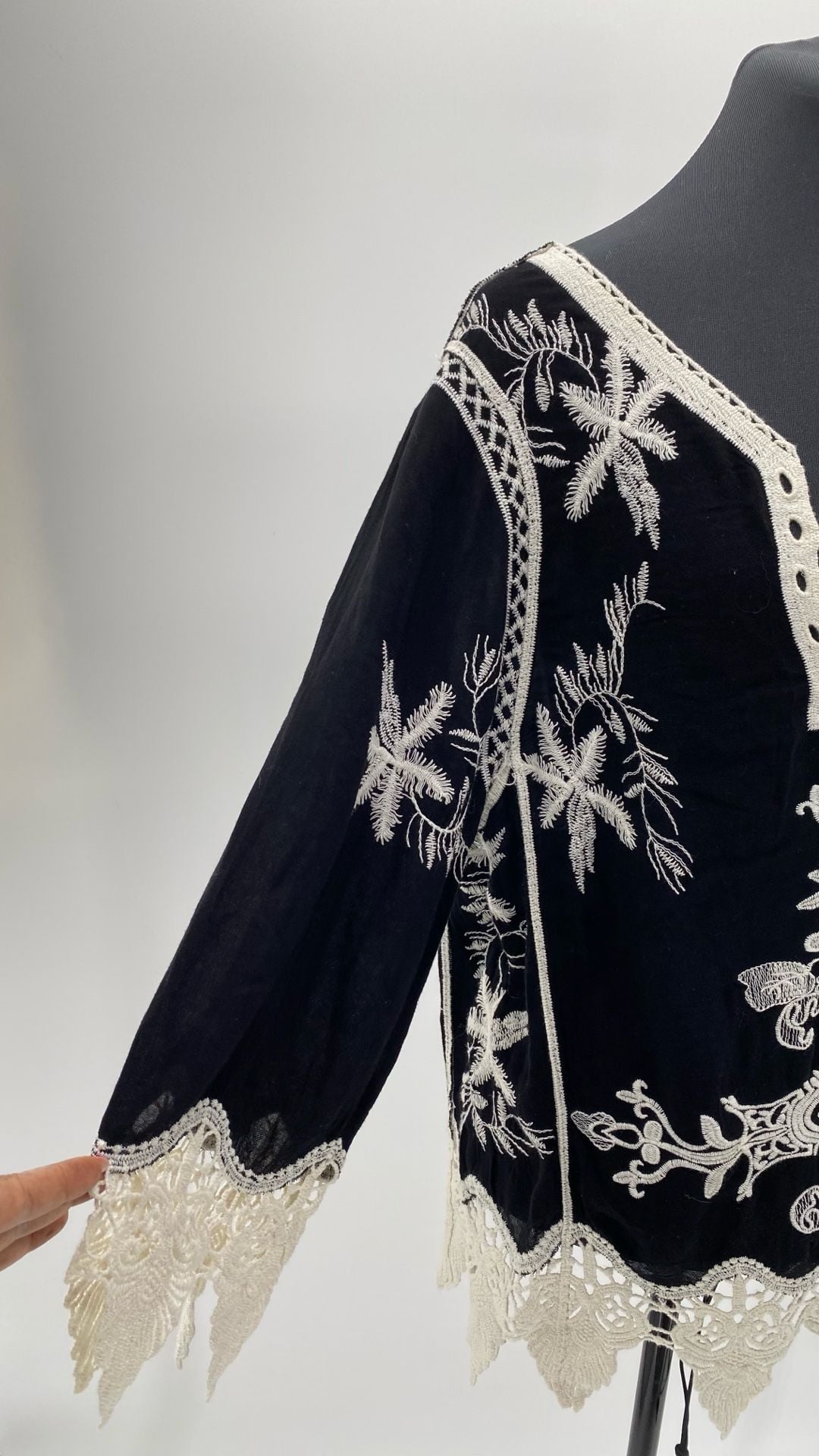 Beulah Style Black and Ivory Embroidered Boho Top with Crochet Hem 5