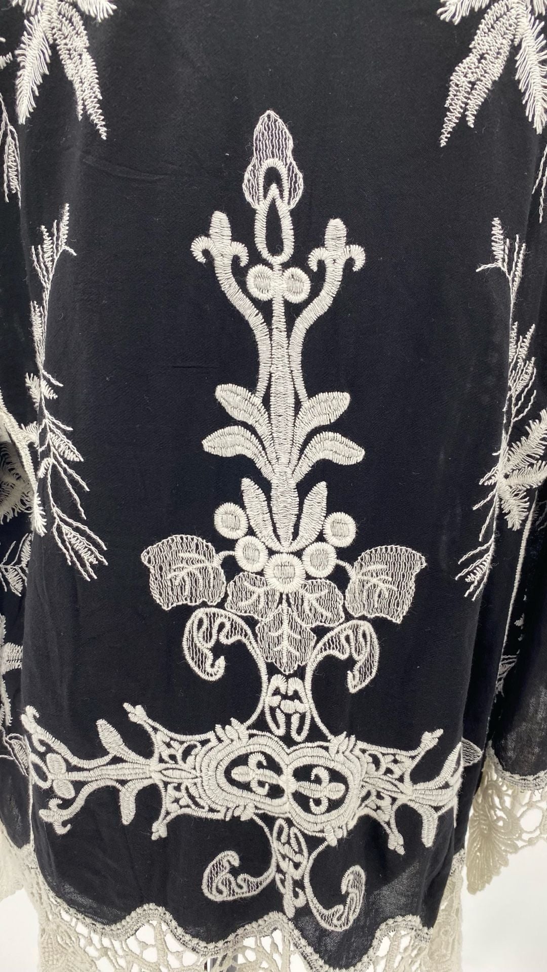 Beulah Style Black and Ivory Embroidered Boho Top with Crochet Hem 6