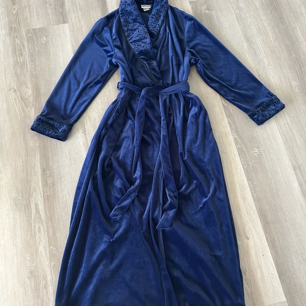 Delicates Royal Blue Velvet Long Sleeve Robe with Floral Print Collar and Cuffs