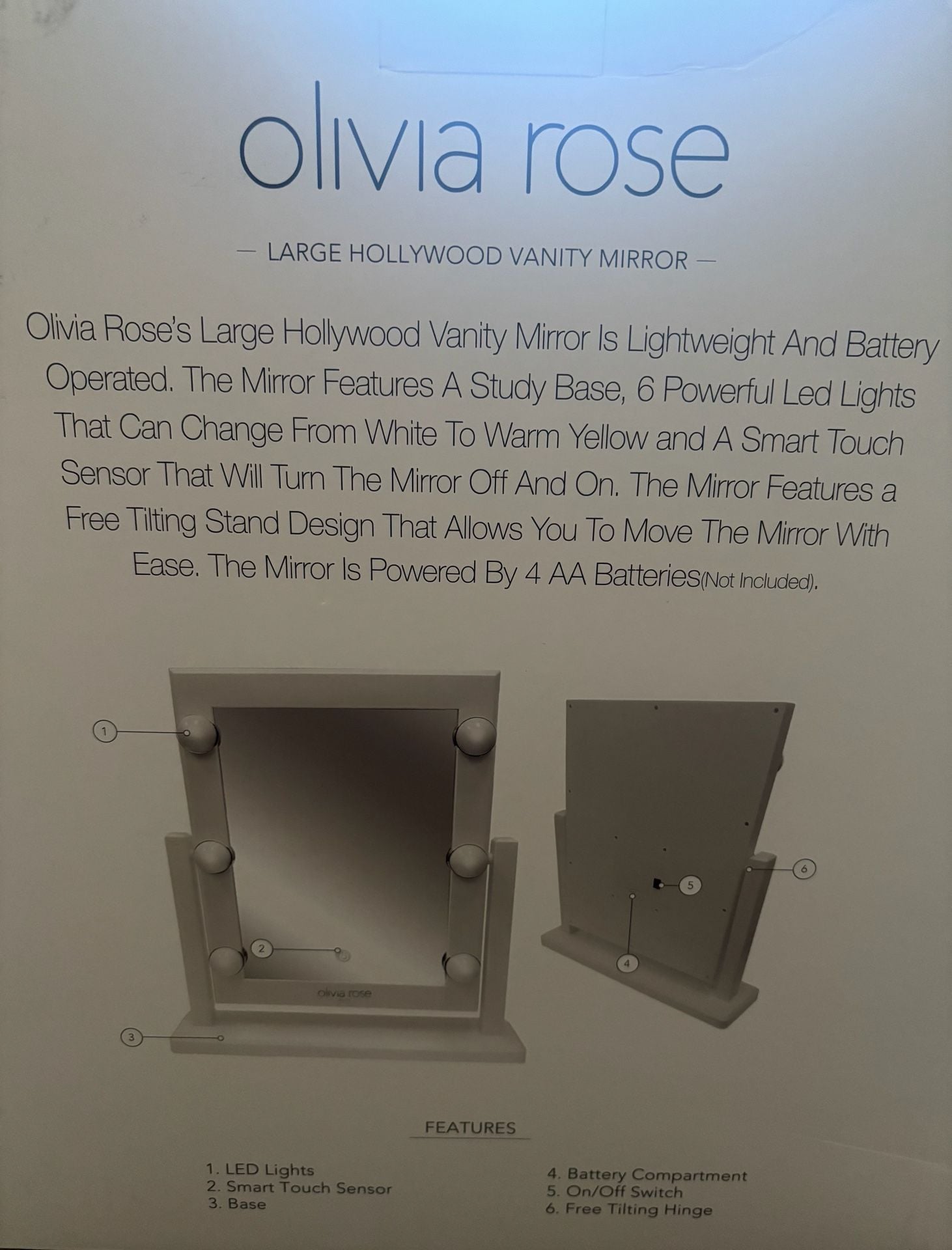Olivia Rose Large Hollywood Vanity Mirror with 6 LED Lights and Smart Touch Sensor 2