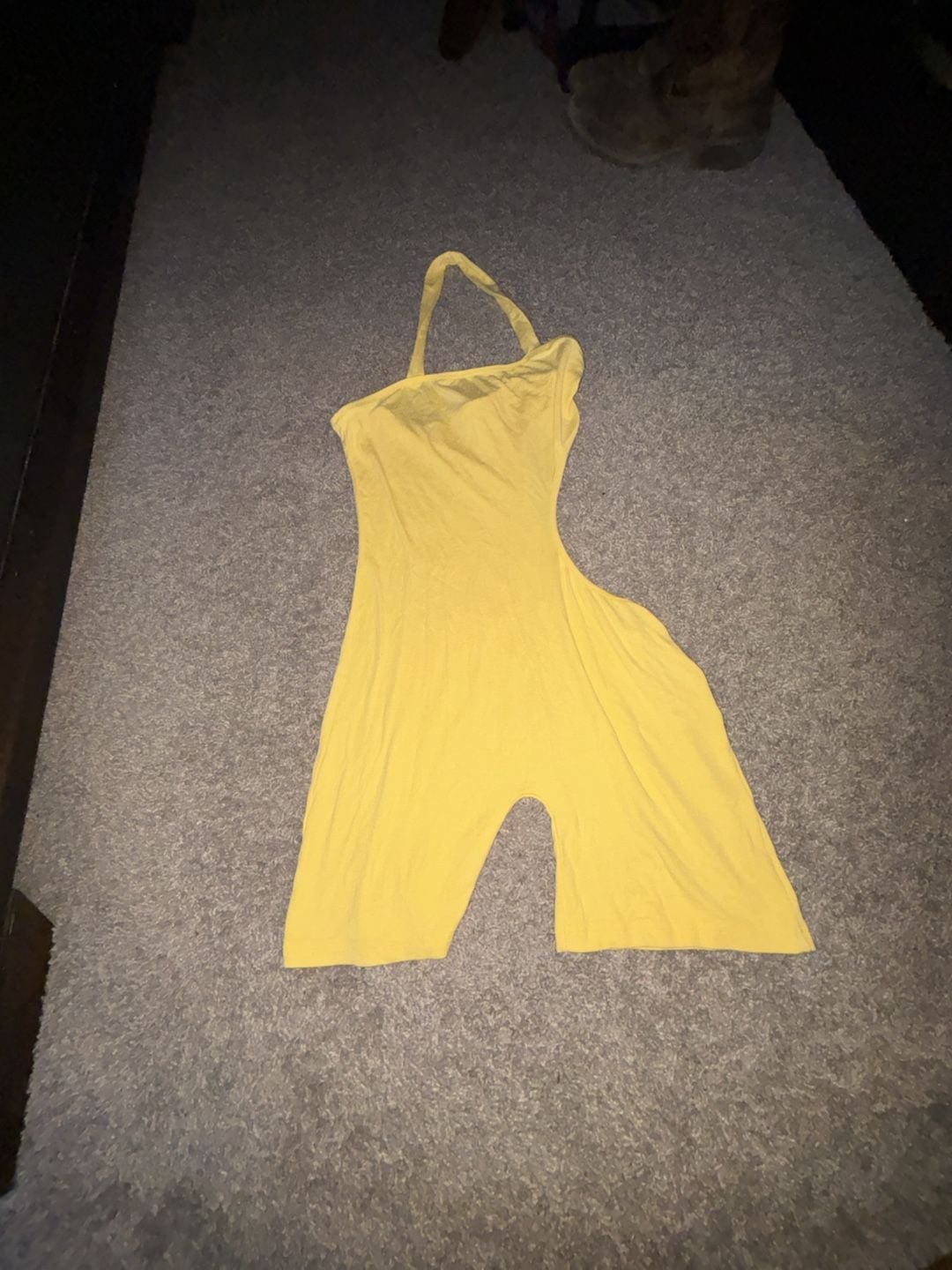 SHEIN Ribbed Halter Neck Bodycon Romper in Yellow 1