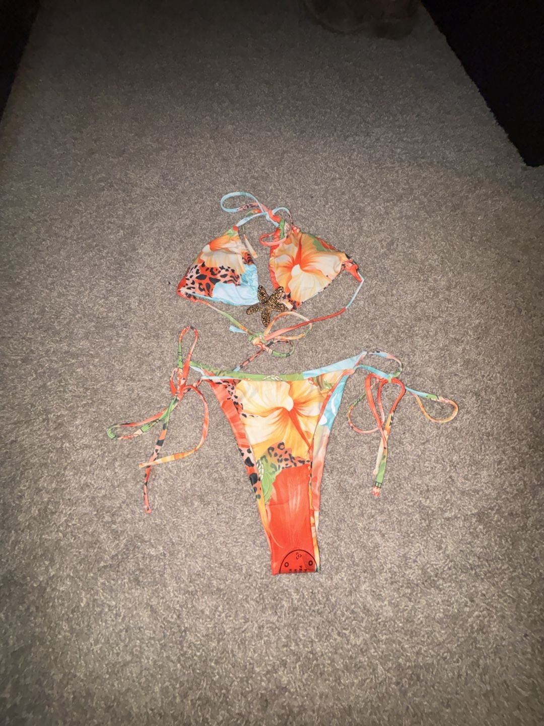 SHEIN Tropical Floral and Leopard Print Halter Bikini Set with Starfish Charm 1