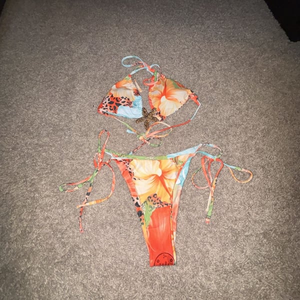 SHEIN Tropical Floral and Leopard Print Halter Bikini Set with Starfish Charm