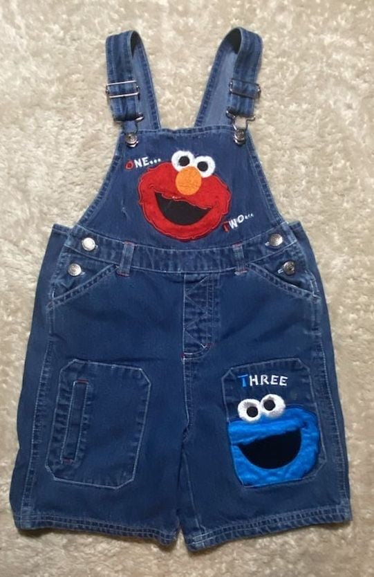 Vintage Sesame Street Elmo and Cookie Monster Denim Shortalls 4T 1