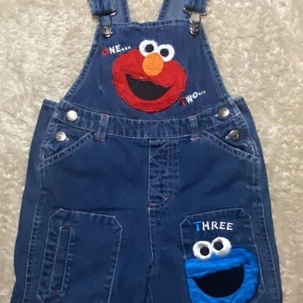 Vintage Sesame Street Elmo and Cookie Monster Denim Shortalls 4T