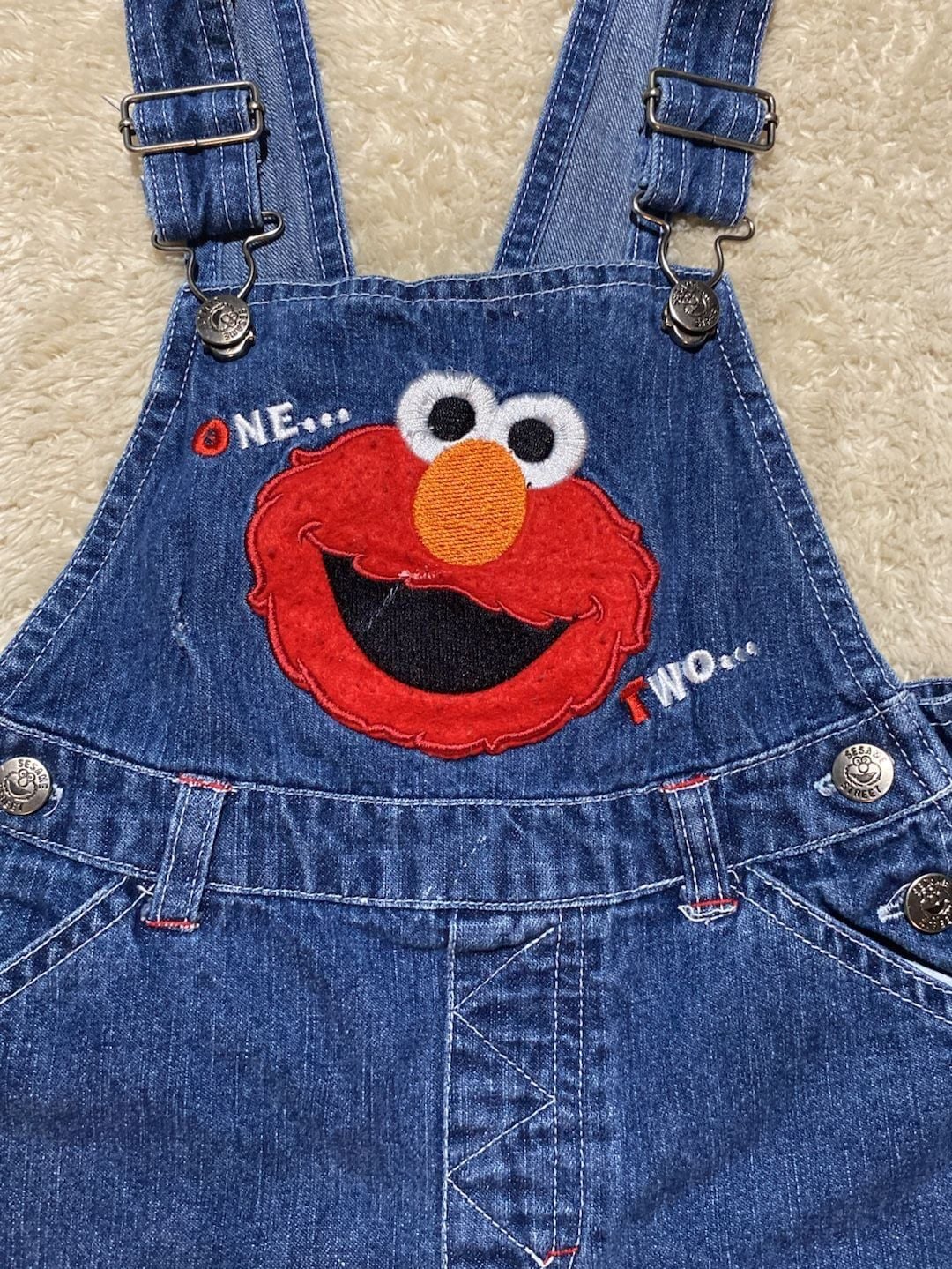 Vintage Sesame Street Elmo and Cookie Monster Denim Shortalls 4T 2
