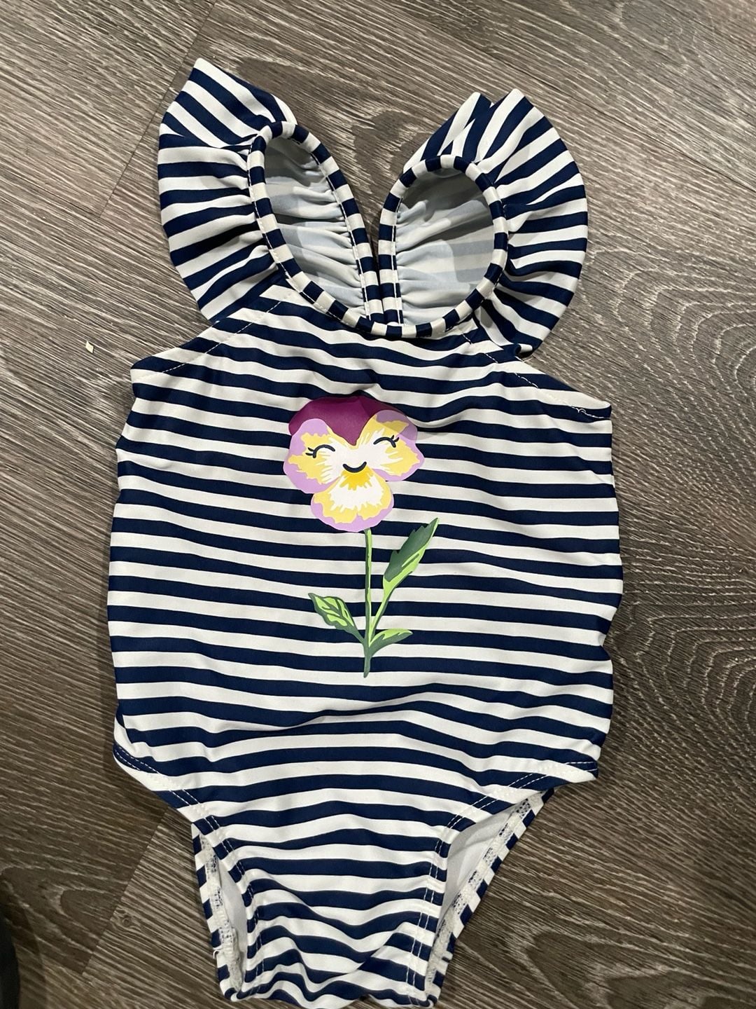 Size 6-12 months babyGap Baby Girls Navy and White Striped Ruffle Swimsuit 2