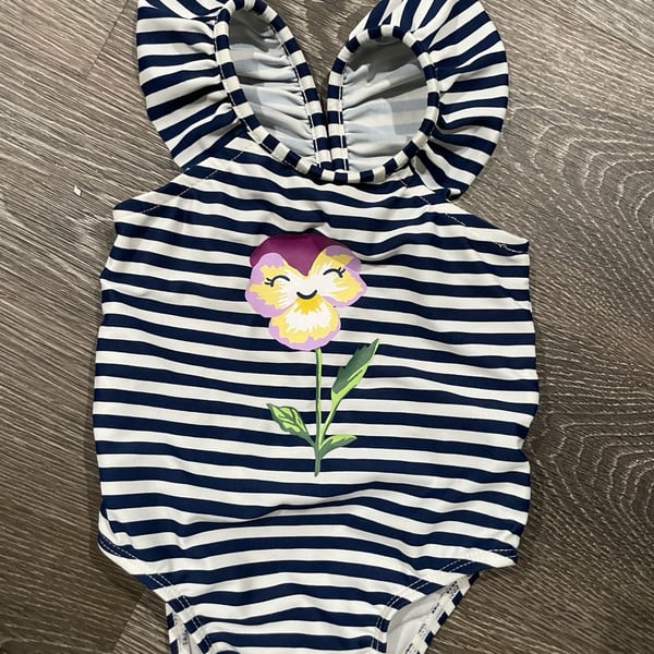 Size 6-12 months babyGap Baby Girls Navy and White Striped Ruffle Swimsuit