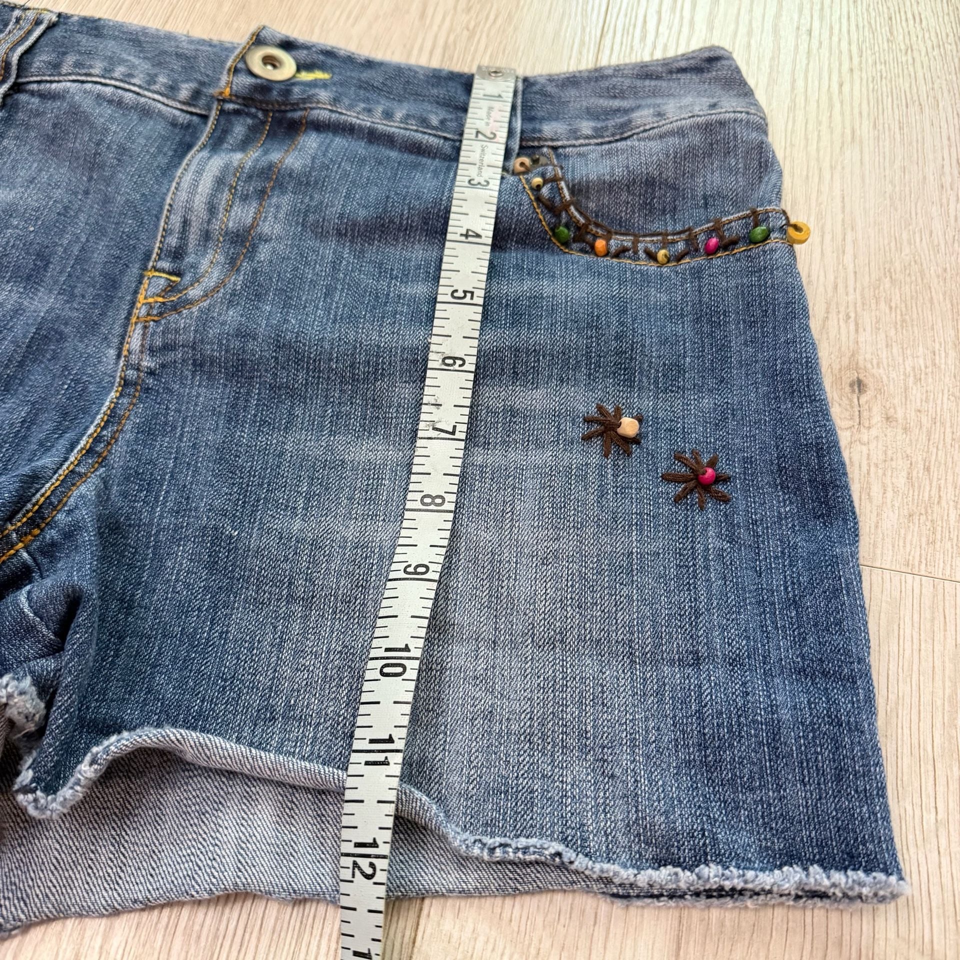 INC International Concepts Women's Blue Denim Raw Hem Shorts with Beaded Embellishments 8