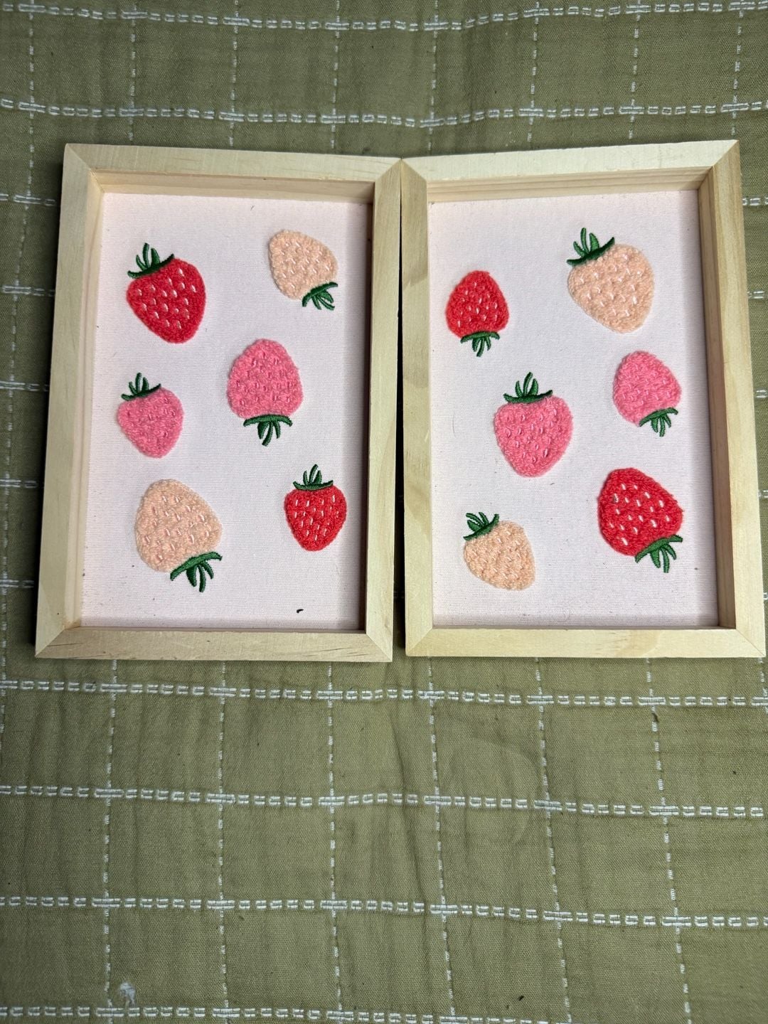 Set of 2 Handmade Strawberry Embroidery Framed Wall Art 1