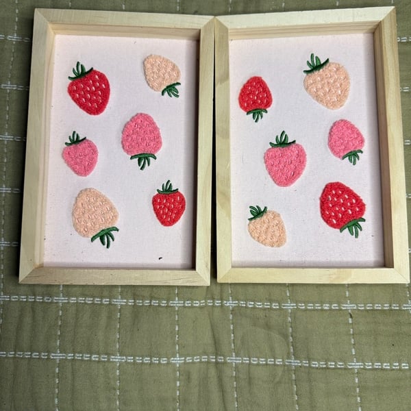 Set of 2 Handmade Strawberry Embroidery Framed Wall Art