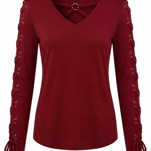 AmélieBoutik Women Boatneck Lace Up Trim Long Sleeve Blouse, Crimson Red, XS