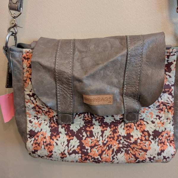 Better Life Bags Foldover Crossbody Messenger Bag w/ Floral Print & Leather Trim