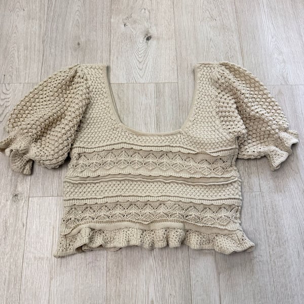 BiBi Square Neck Puff Sleeve Crochet Knit Top