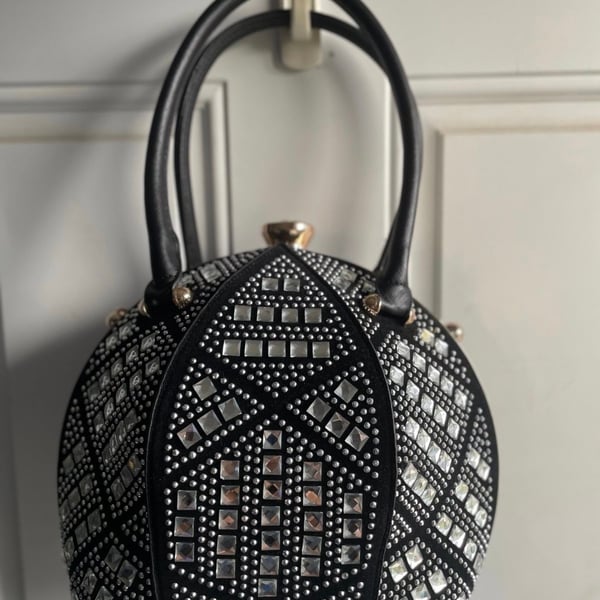 Mezon Rhinestone Jewel-Top Round Frame Satchel