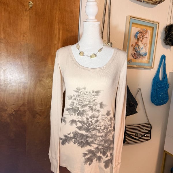 Lucky Brand Womens Cream Floral Print Thermal Waffle Knit Long Sleeve Top