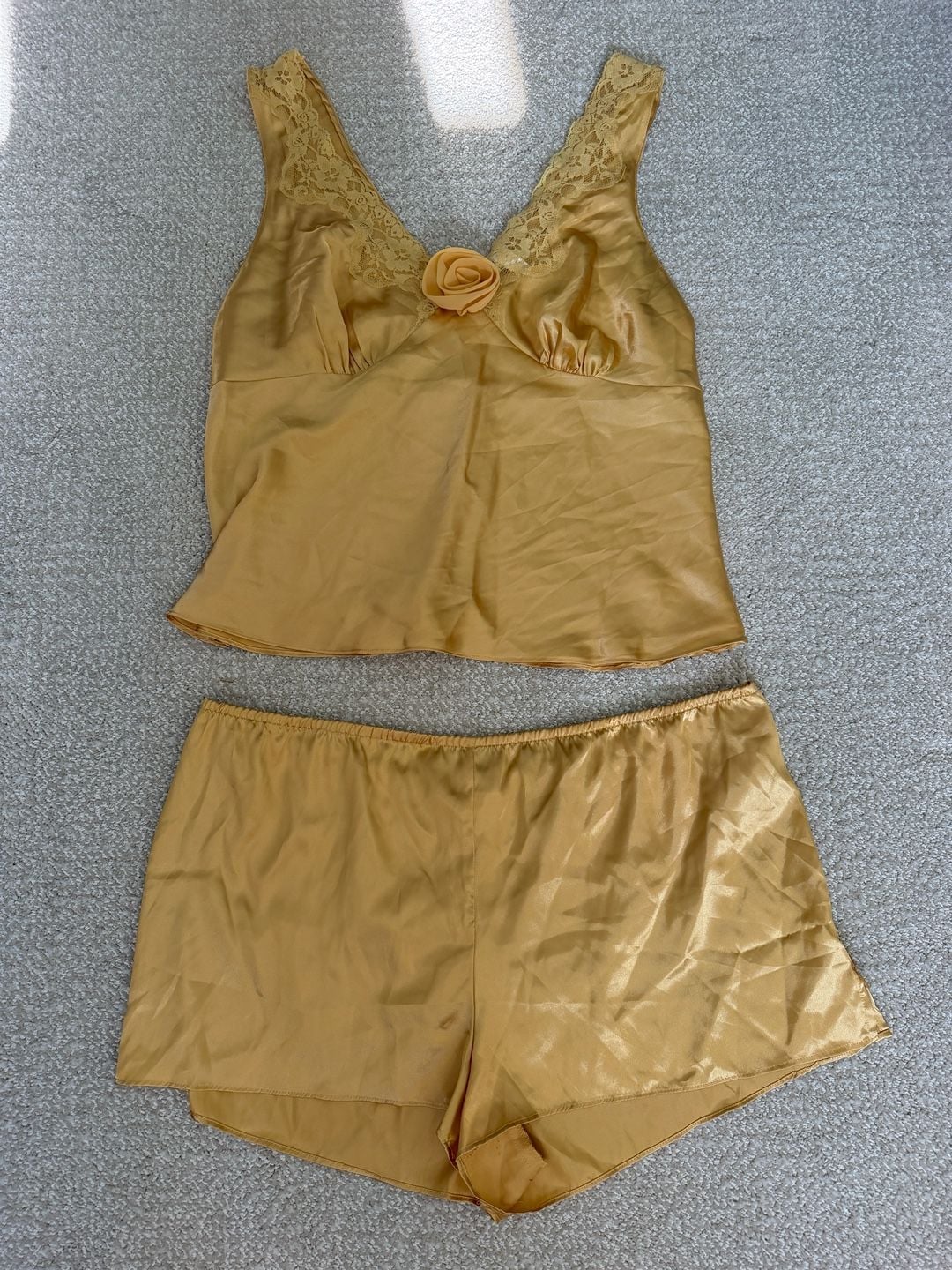 Gilligan & O'Malley Sleepwear Gold Satin Cami and Shorts Pajama Set with Lace Trim and Floral Detail 1