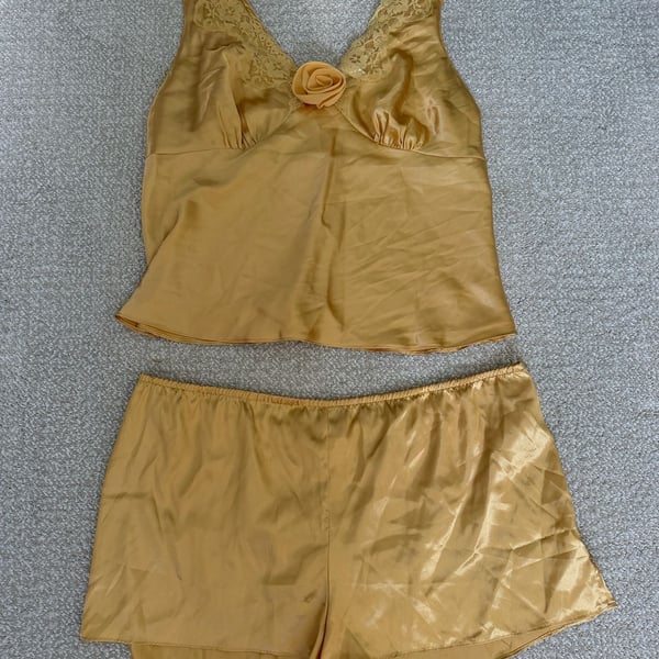 Gilligan & O'Malley Sleepwear Gold Satin Cami and Shorts Pajama Set with Lace Trim and Floral Detail