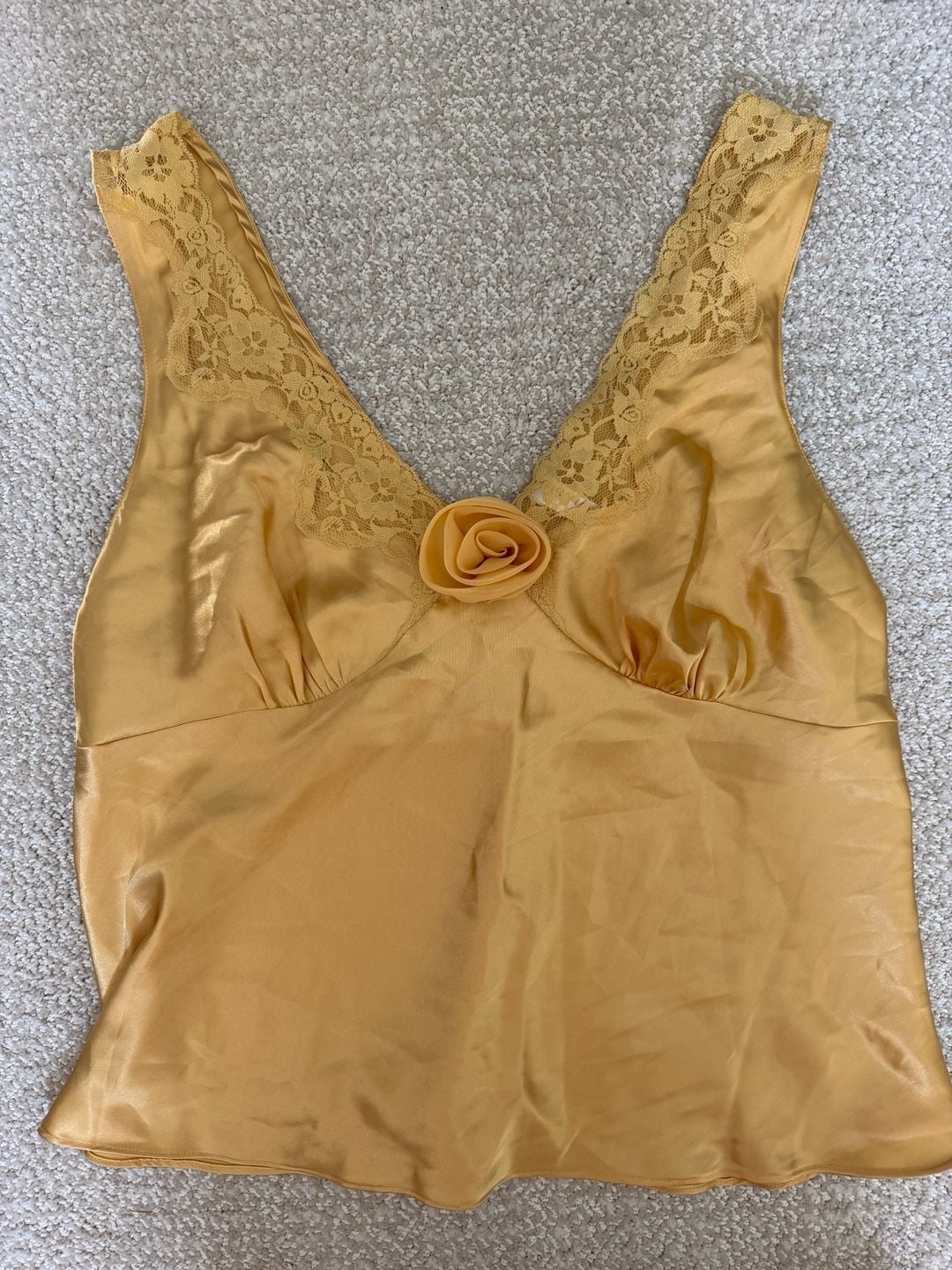 Gilligan & O'Malley Sleepwear Gold Satin Cami and Shorts Pajama Set with Lace Trim and Floral Detail 3