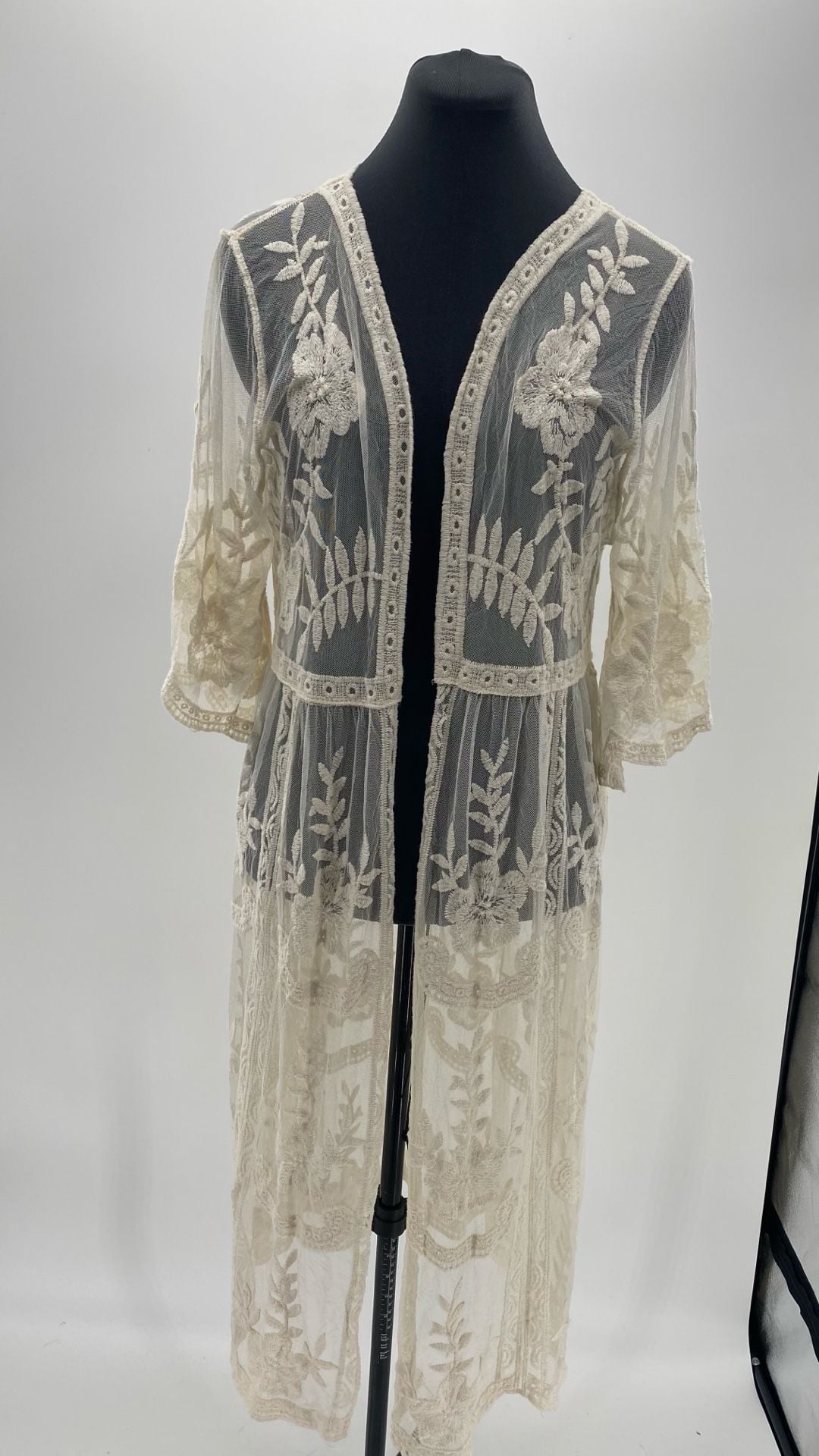 Rachel Zoe Cream Embroidered Lace Mesh Longline Kimono Cover-up 2