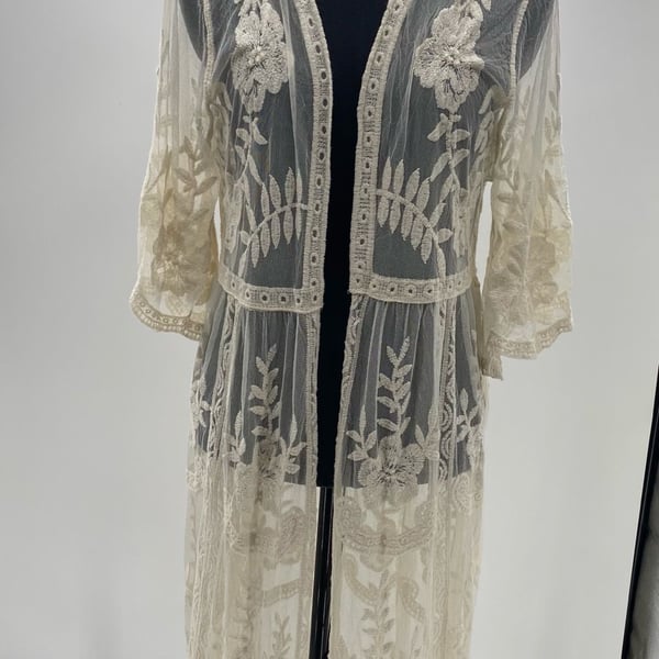 Rachel Zoe Cream Embroidered Lace Mesh Longline Kimono Cover-up