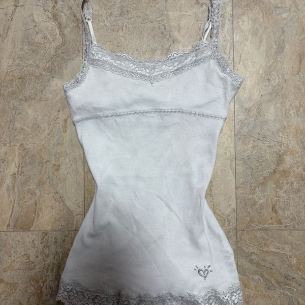 Justice Girls Ribbed Cami Tank Top with Silver Lace Trim and Embroidered Heart Detail
