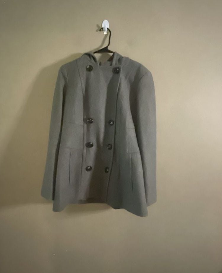 Jason Kole Women's Grey Double-Breasted Wool Blend Peacoat with Hood 1