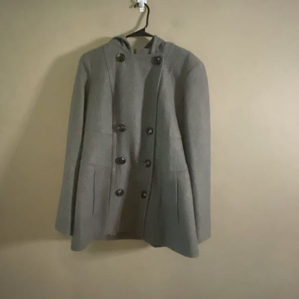 Jason Kole Women's Grey Double-Breasted Wool Blend Peacoat with Hood