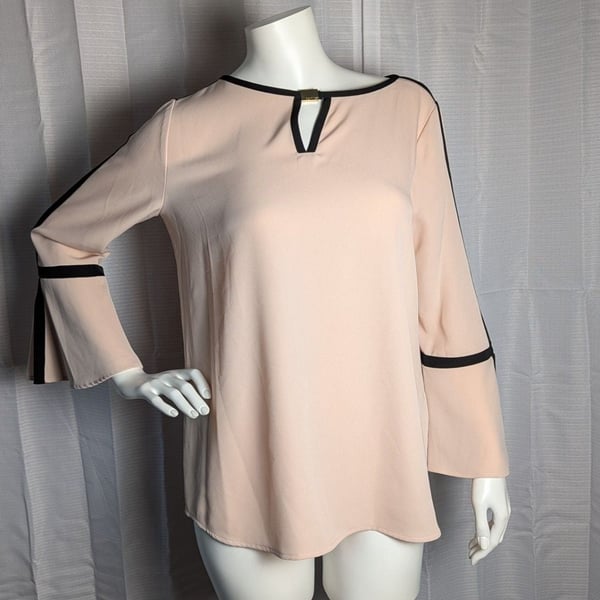 Calvin Klein Blush Pink Blouse with Black Trim and Gold Hardware Detail