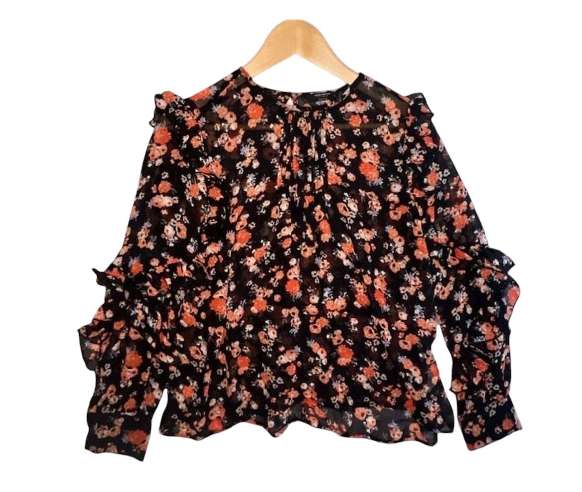Lucky Brand Womens Black Floral Print Ruffled Long Sleeve Chiffon Blouse 2