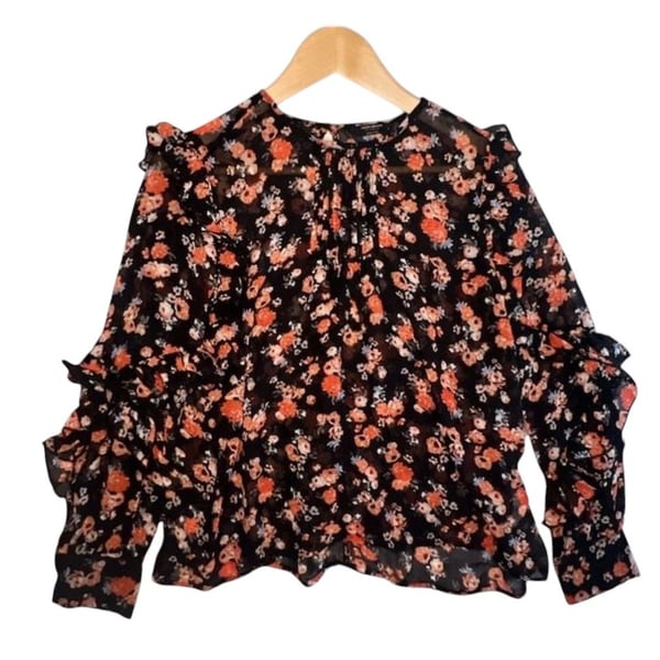 Lucky Brand Womens Black Floral Print Ruffled Long Sleeve Chiffon Blouse