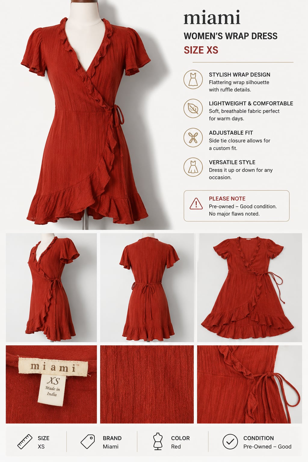 Miami Women's Textured Ruffle Wrap Mini Dress Red Size XS 2
