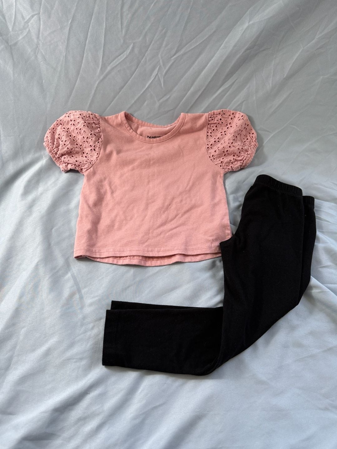Bearpaw Girls Pink Eyelet Puff Sleeve T-Shirt and Black Leggings Outfit Set 1