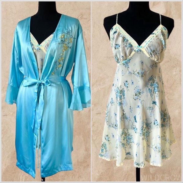 Vintage Y2K Secret Treasures Satin Butterfly 2-Piece Robe & Slip Set