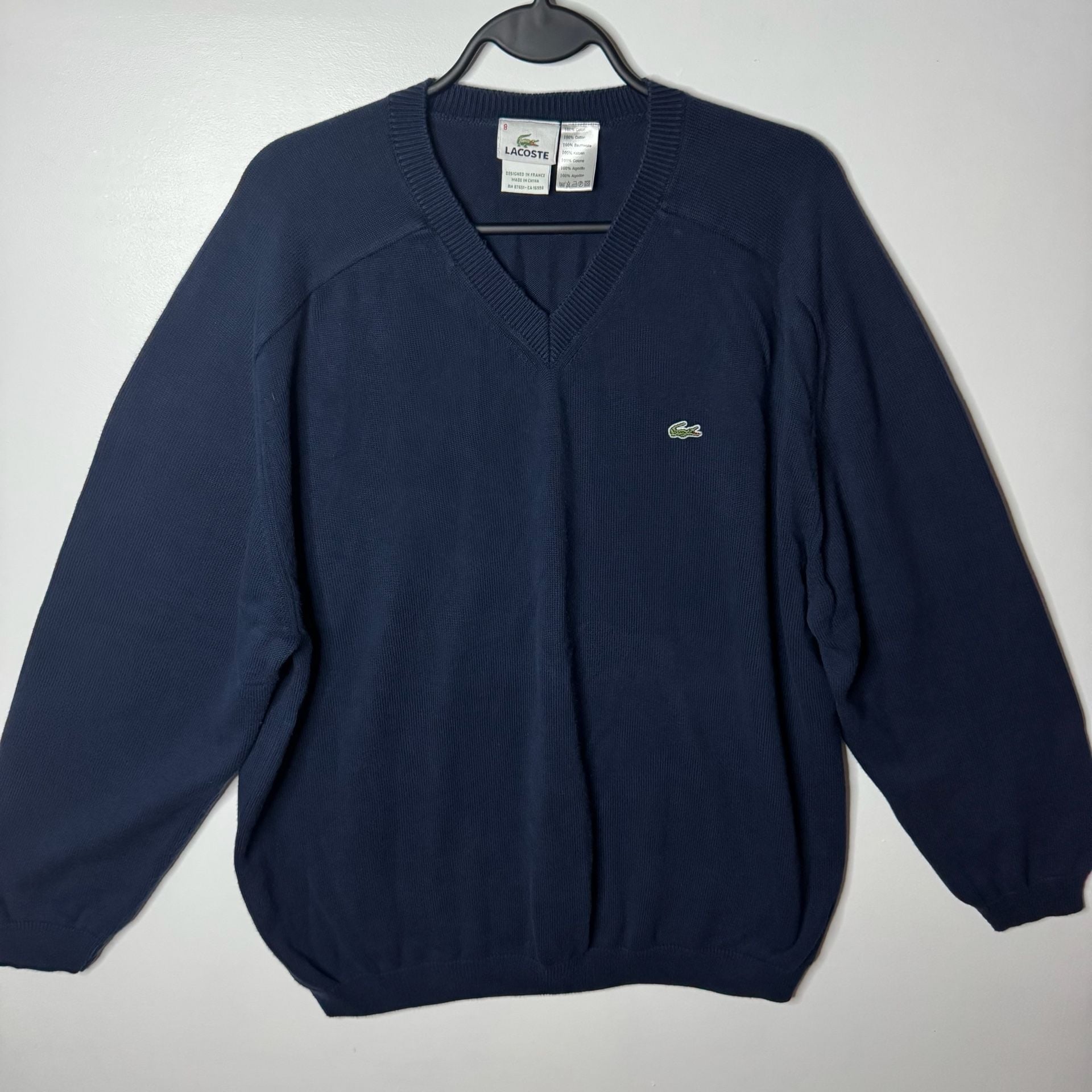 Lacoste Men's Navy Blue Cotton V-Neck Pullover Sweater Size 8 2