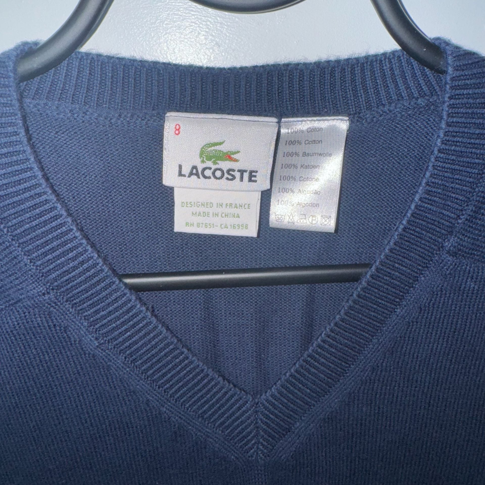 Lacoste Men's Navy Blue Cotton V-Neck Pullover Sweater Size 8 4