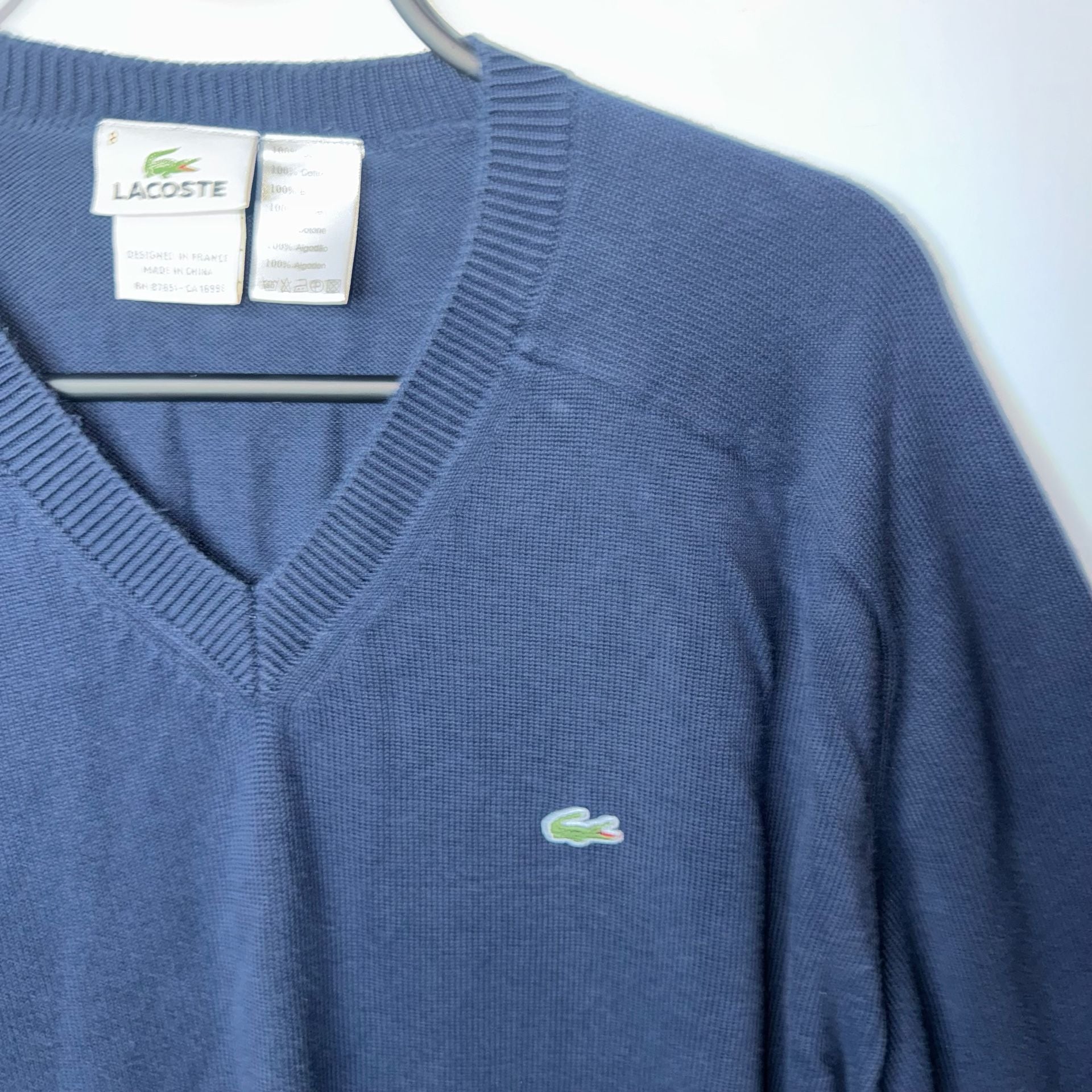 Lacoste Men's Navy Blue Cotton V-Neck Pullover Sweater Size 8 5