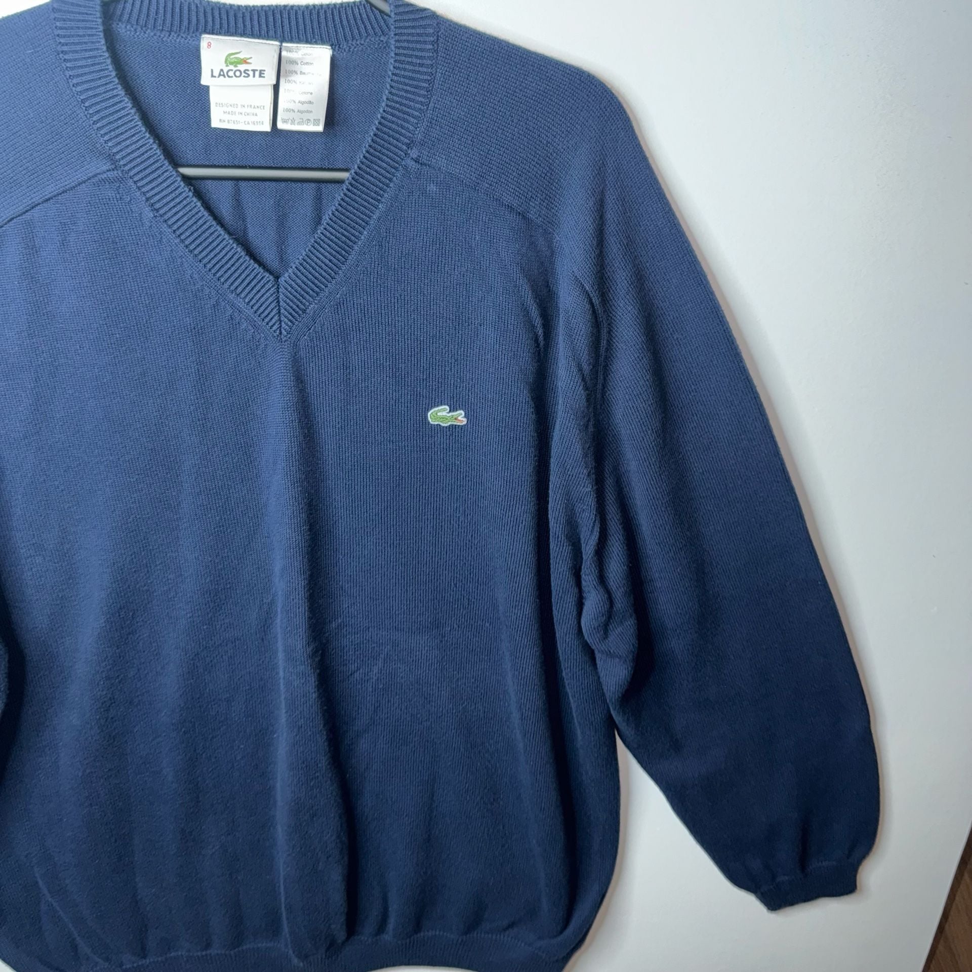 Lacoste Men's Navy Blue Cotton V-Neck Pullover Sweater Size 8 9