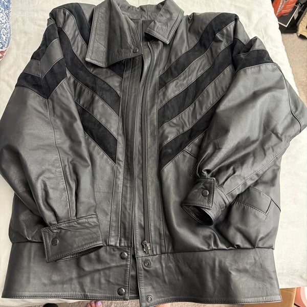 Macbon Buenos Aires Vintage Black Leather and Suede Chevron Panel Jacket