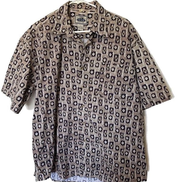 NAK Vintage Geometric Print Short Sleeve Cotton Button-Up Shirt